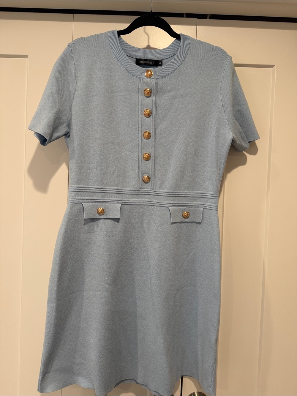 Short Sleeve Powder Blue Knit Dress with Gold Buttons